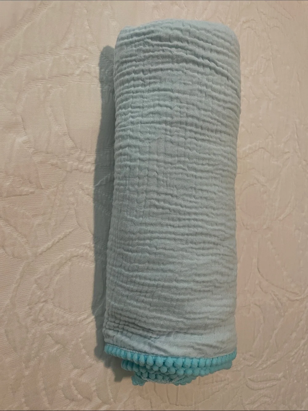 Light Blue Cotton Muslin baby blanket with Pom Trim